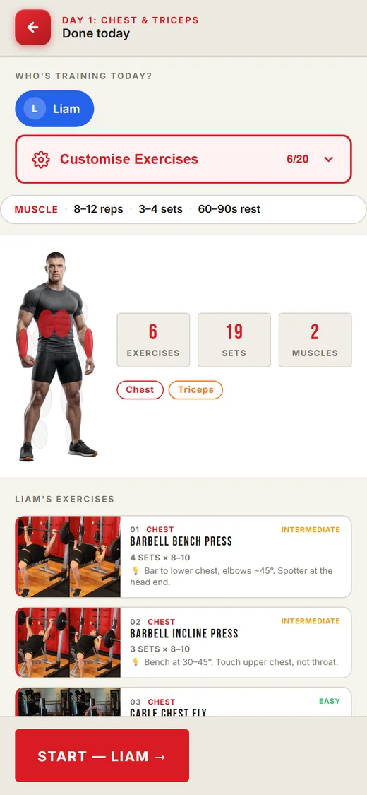 Session preview — exercises with start and finish photos